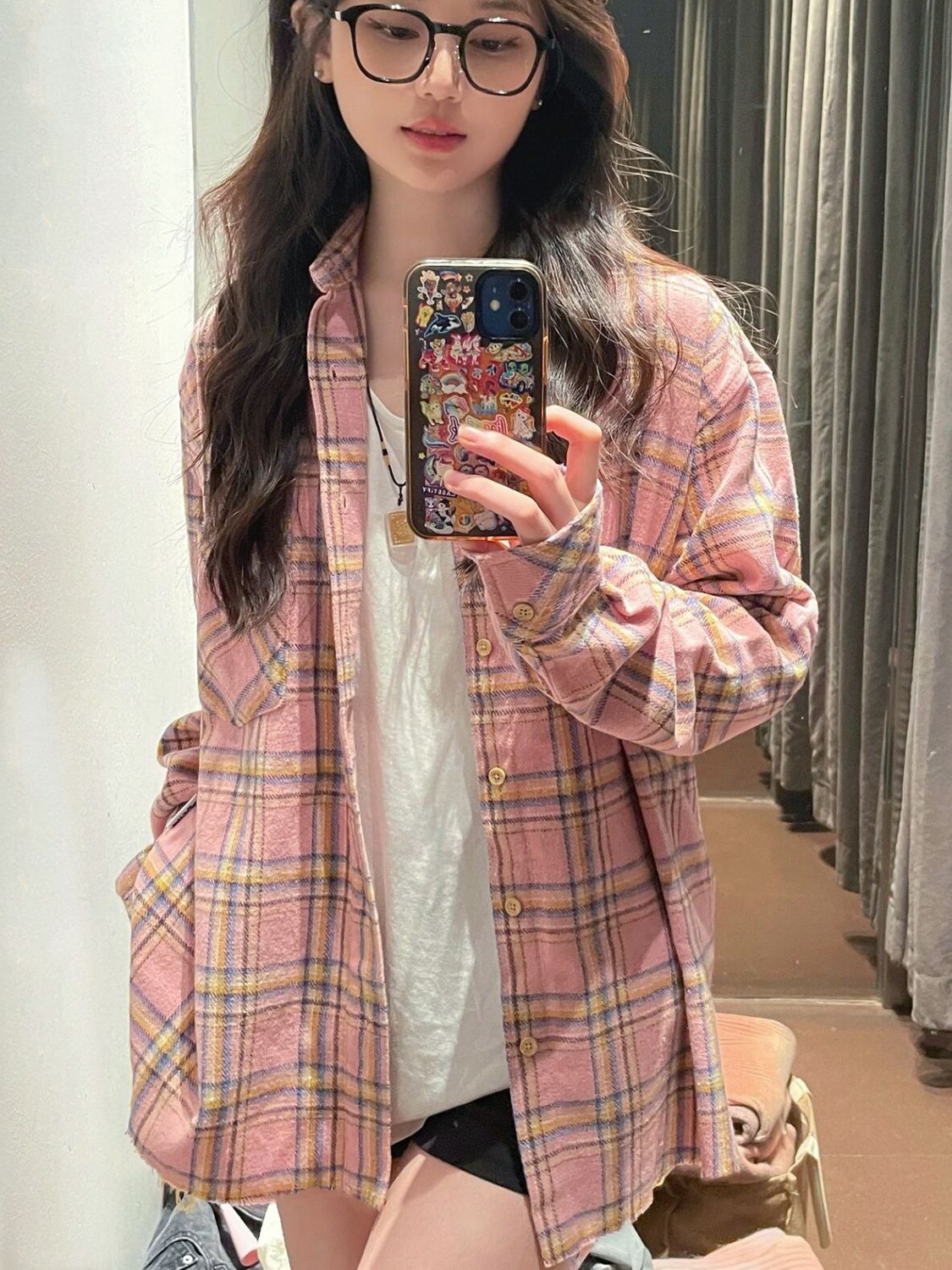 美式高街hiphop粉色格子襯衫女秋冬款寬鬆慵懶風顯瘦長袖襯衣外套