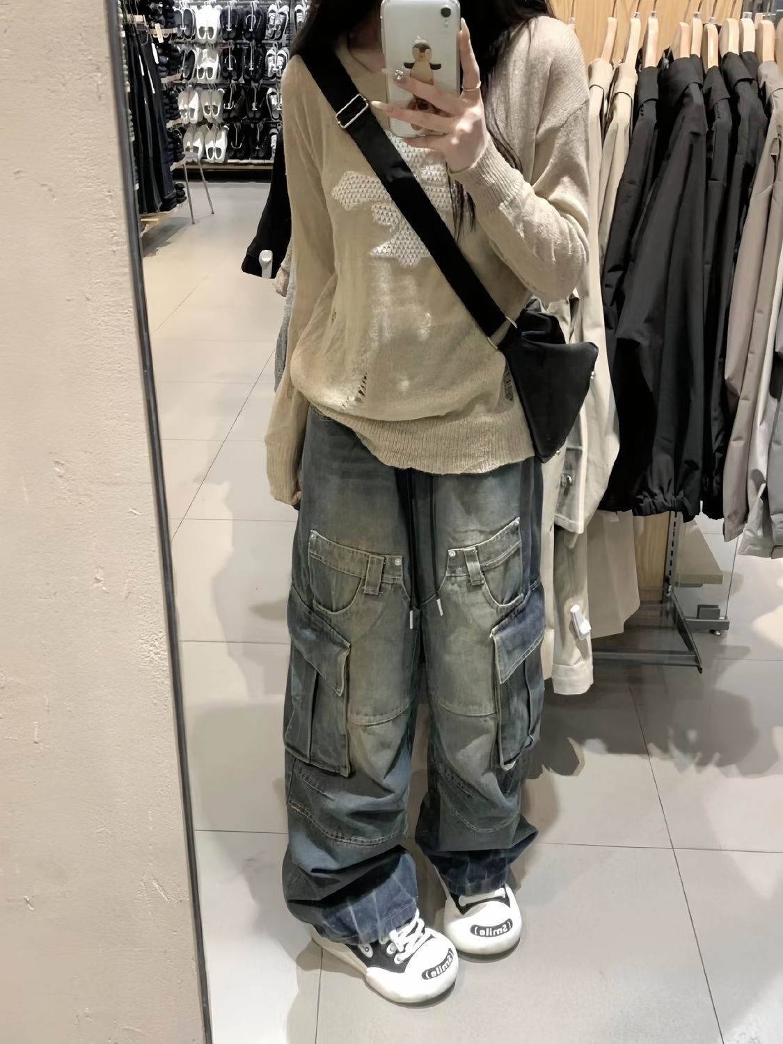 美式高街做舊重工設計多口袋工裝牛仔褲女秋冬高腰寬鬆顯瘦拖地褲