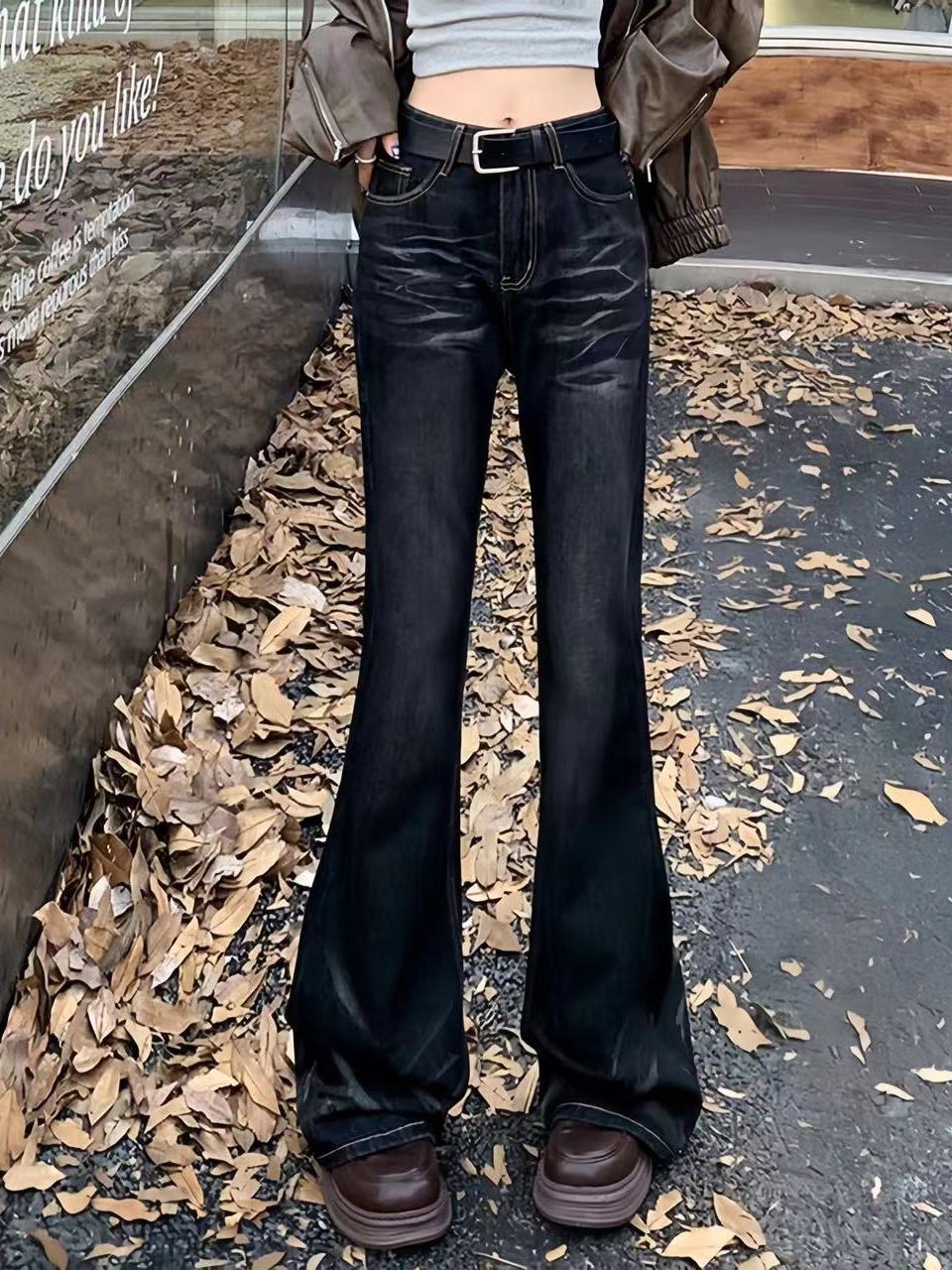 美式復古水洗貓須微喇牛仔褲女秋冬高街設計感寬鬆顯瘦高腰闊腿褲