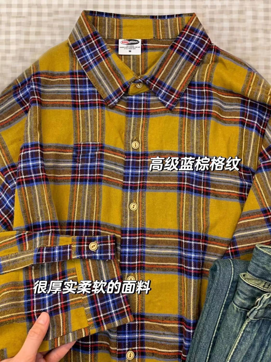 美式高街hiphop藍棕色格子襯衫女秋冬款寬鬆慵懶風設計感襯衣外套