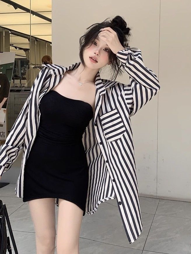 復古條紋長袖襯衫外套女秋季2023新款bf風寬鬆中長款休閒百搭上衣