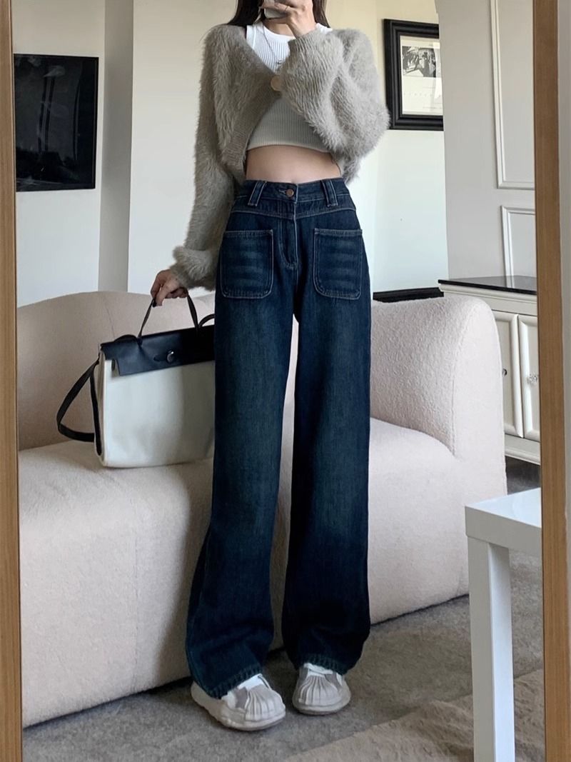 復古藍高腰闊腿牛仔褲女2023年秋季新款大碼寬鬆顯瘦垂感直筒長褲
