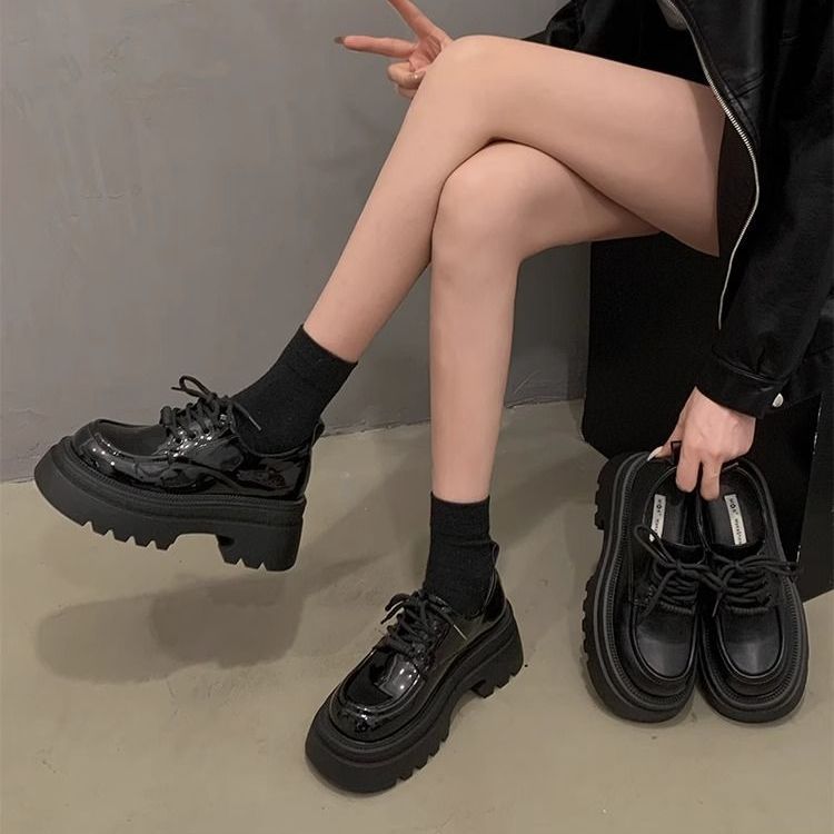 法式英倫風小皮鞋女2023新款春秋網紅黑色百搭粗跟厚底增高樂福鞋