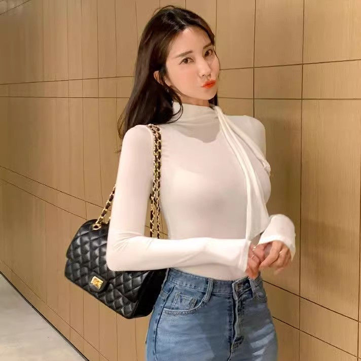 綁帶蝴蝶結半高領修身打底衫女秋冬季新款設計感小眾內搭長袖上衣