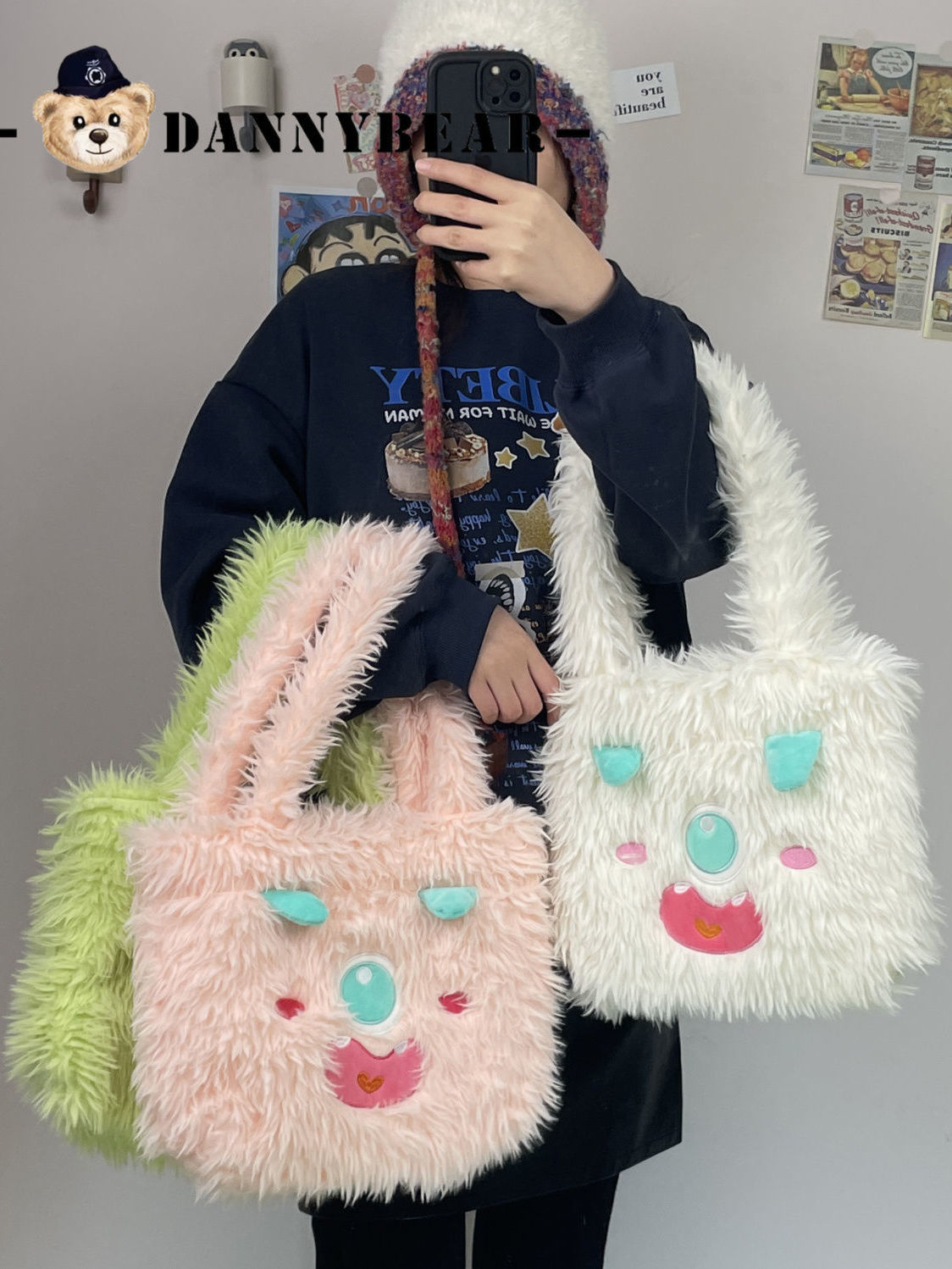 Cute little monster cartoon plush bag large capacity female student shoulder handbag tote bag gift ins style