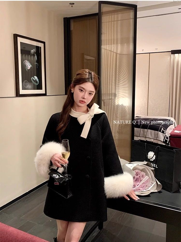 Wool coat for women  autumn and winter new double-sided woolen small man artificial fox fur loose quilted coat