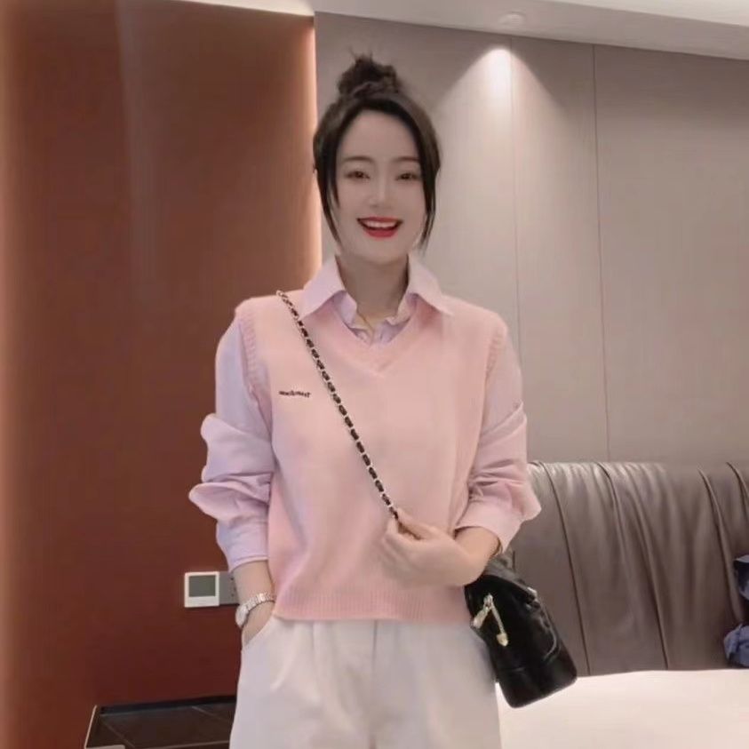 秋季新款时尚气质POLO领假两件衬衣针织马甲拼接休闲长袖上衣