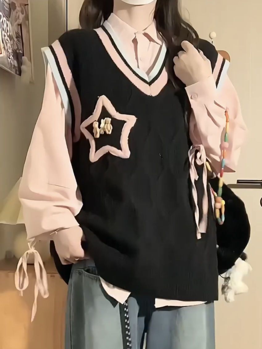 甜美復古v領針織毛衣背心女學生+粉色襯衫馬甲日系學院風兩件套裝