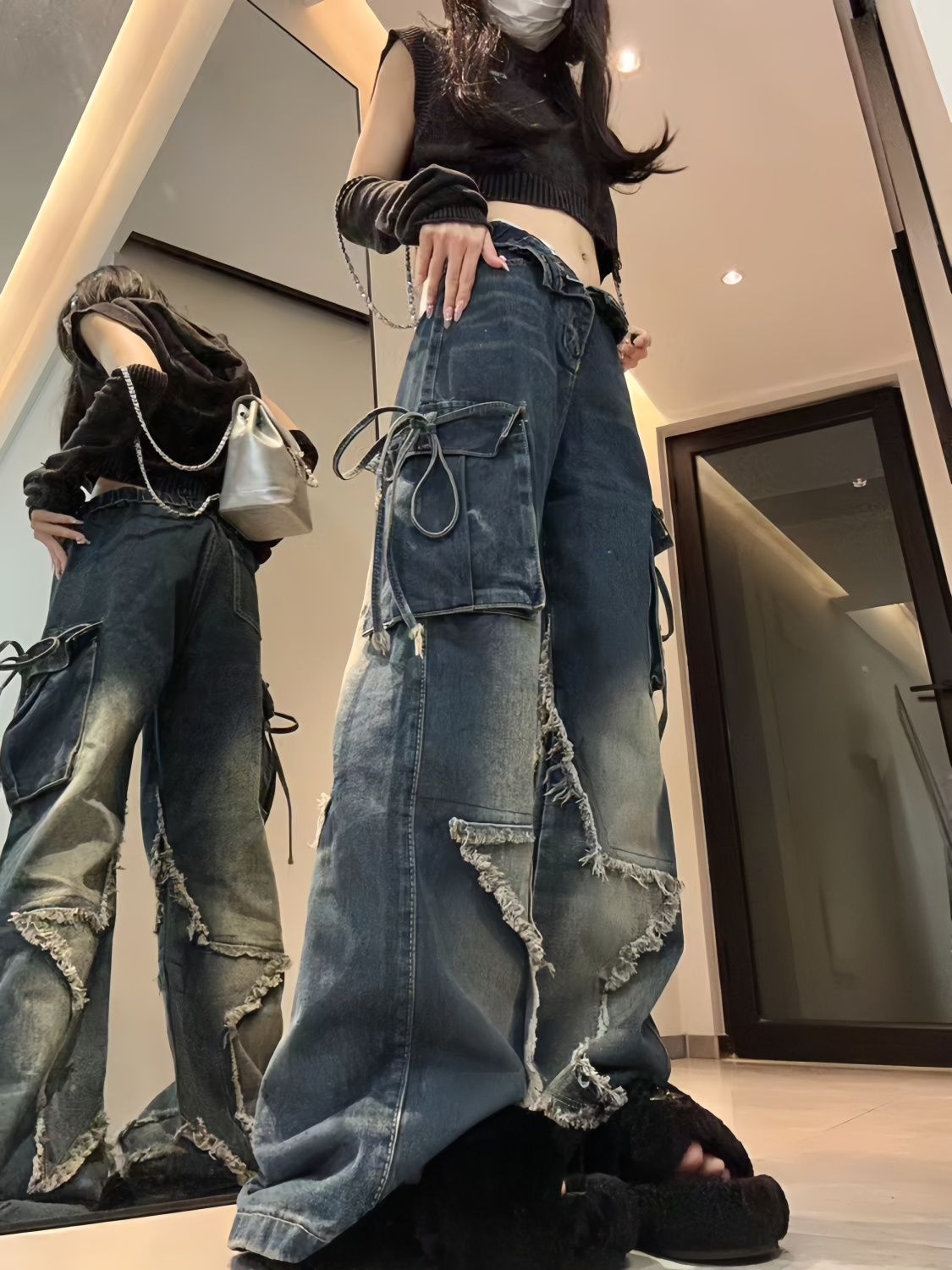 美式vibe復古五角星工裝牛仔褲女潮牌高街設計感寬鬆顯瘦直筒長褲