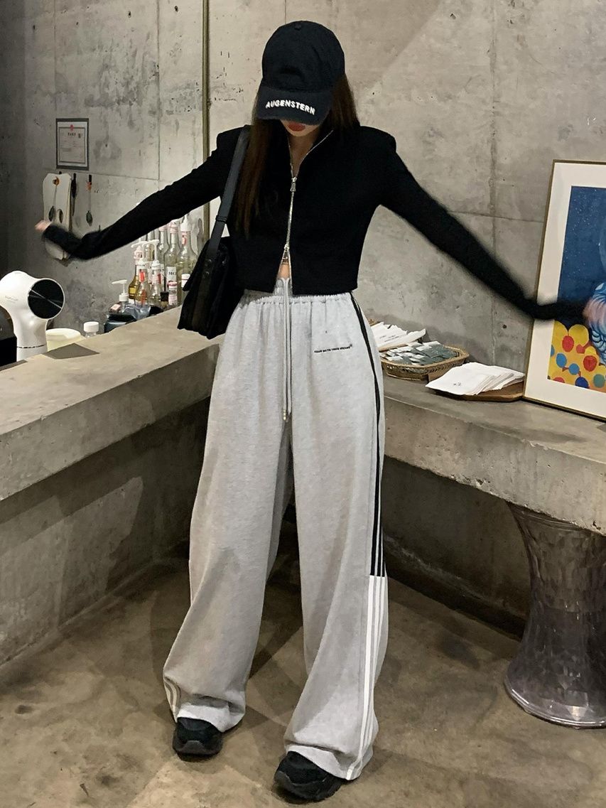 美式高街hiphop灰色運動褲子女秋冬季寬鬆直筒條紋爵士街舞闊腿褲