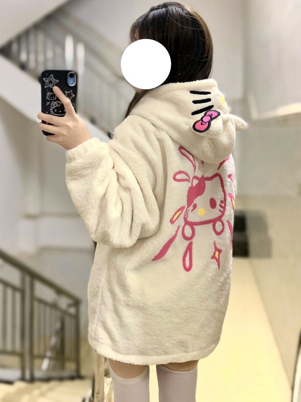 可愛卡通凱蒂貓羊羔毛外套女冬季加絨加厚情侶款寬鬆連帽棉衣棉服