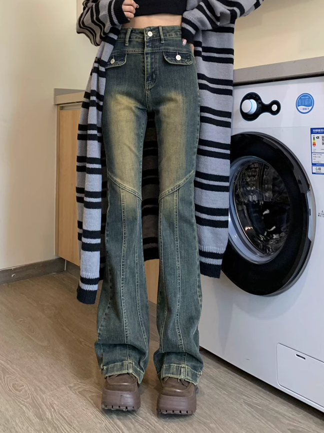 歐美高街復古藍微喇牛仔褲女小個子緊身顯瘦辣妹時髦馬蹄拖地長褲