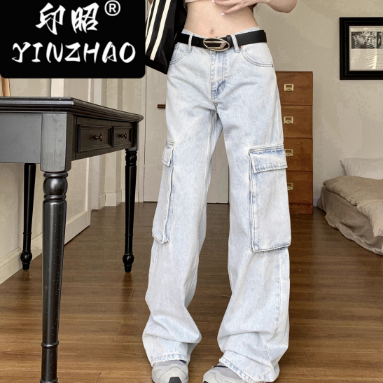 【印昭YINZHAO】復古美式淺色牛仔工裝褲女秋季寬鬆直筒辣妹褲子