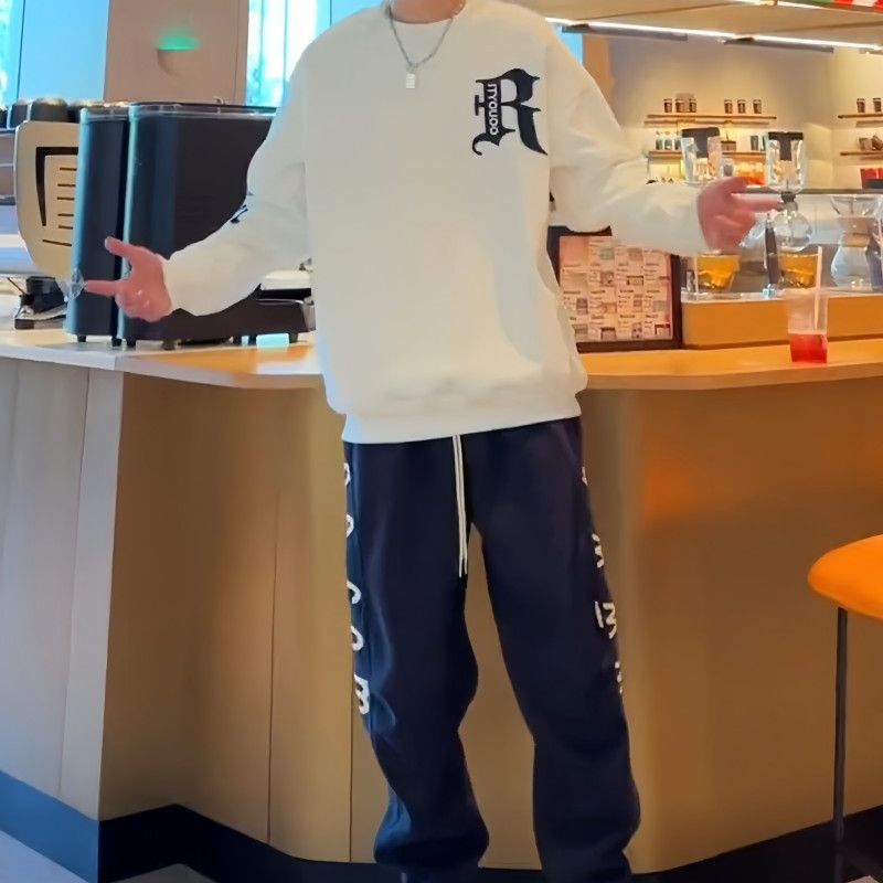 Autumn and winter trendy simple commuter style handsome casual pants, versatile and fashionable men's velvet letter embroidered leggings trousers