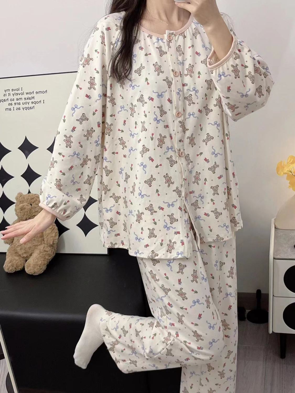 Korean cartoon cute pajamas for women spring and autumn pure cotton long-sleeved suit ins style printed bear student home clothes