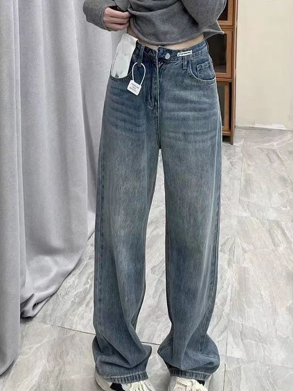 美式復古設計感直筒牛仔褲女秋季高腰貼布寬鬆顯瘦垂感闊腿長褲潮