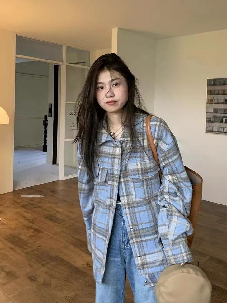 美式復古小眾高級感格子長袖外套男女春秋季寬鬆顯瘦百搭開衫夾克