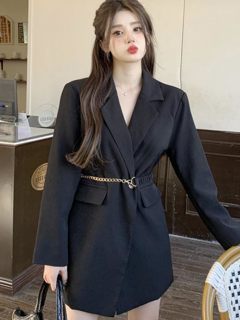 Black shoulder-padded blazer for women, new spring and autumn Korean version, light, mature, gentle and versatile, mid-length suit with temperament