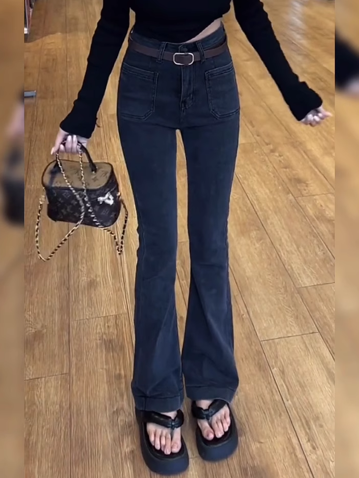 黑色提臀顯瘦牛仔褲女小個子高腰彈力修身辣妹大喇叭牛仔長褲