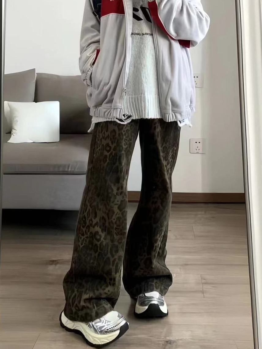 高街ins復古小眾豹紋牛仔褲女秋冬辣妹設計感高腰寬鬆闊腿拖地褲