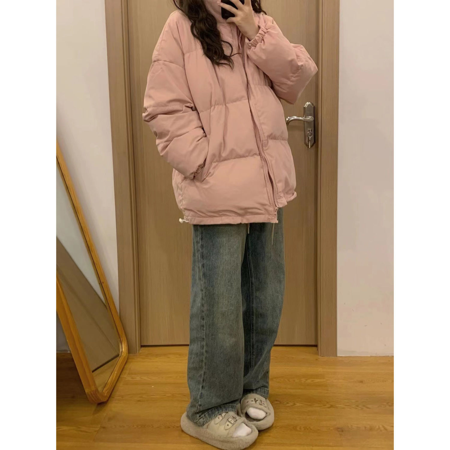韓系粉色棉服女冬季2023加厚小個子奶fufu立領寬鬆麵包服棉襖外套