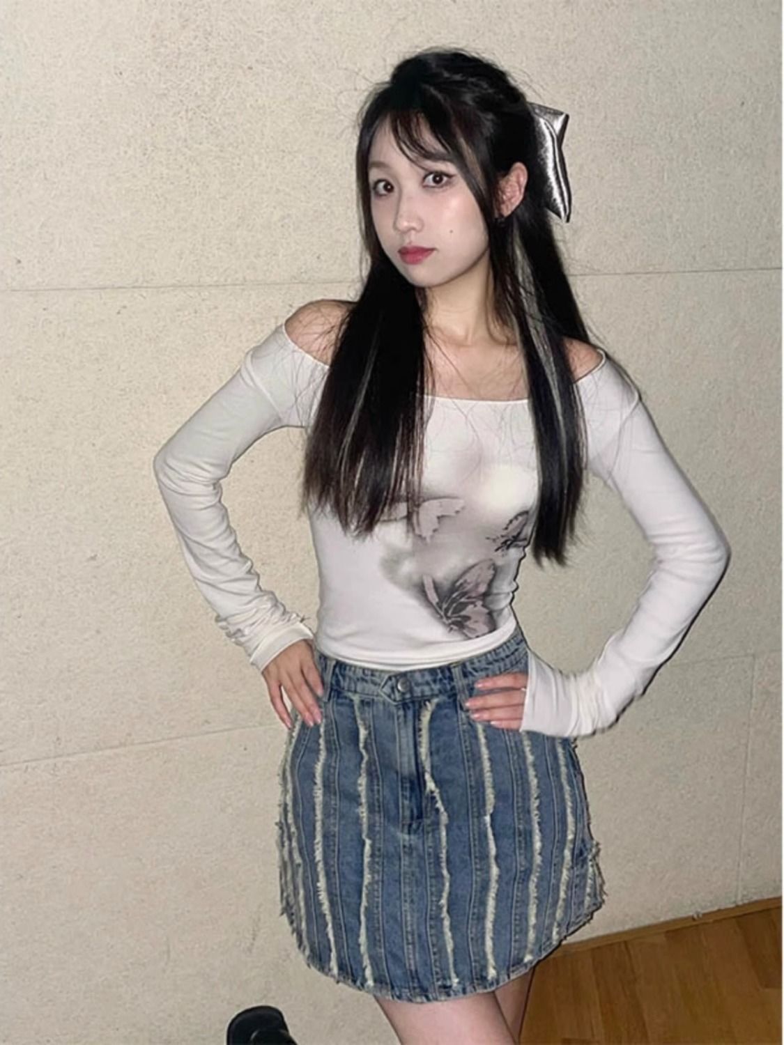 美式辣妹薄款長袖t恤女早秋蝴蝶扎染內搭修身打底衫純欲短款上衣