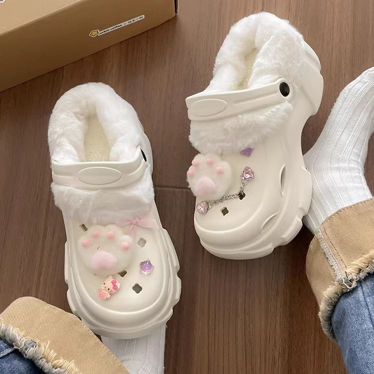 Cute thick-soled furry slippers for women for autumn and winter outer wear 2023 new anti-slip plus velvet clogs toe heightening cotton slippers