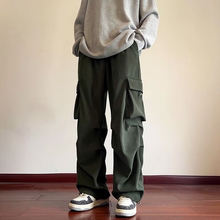 美式高街燈芯絨大口袋束腳工裝褲子男秋季新款潮牌寬鬆休閒傘兵褲