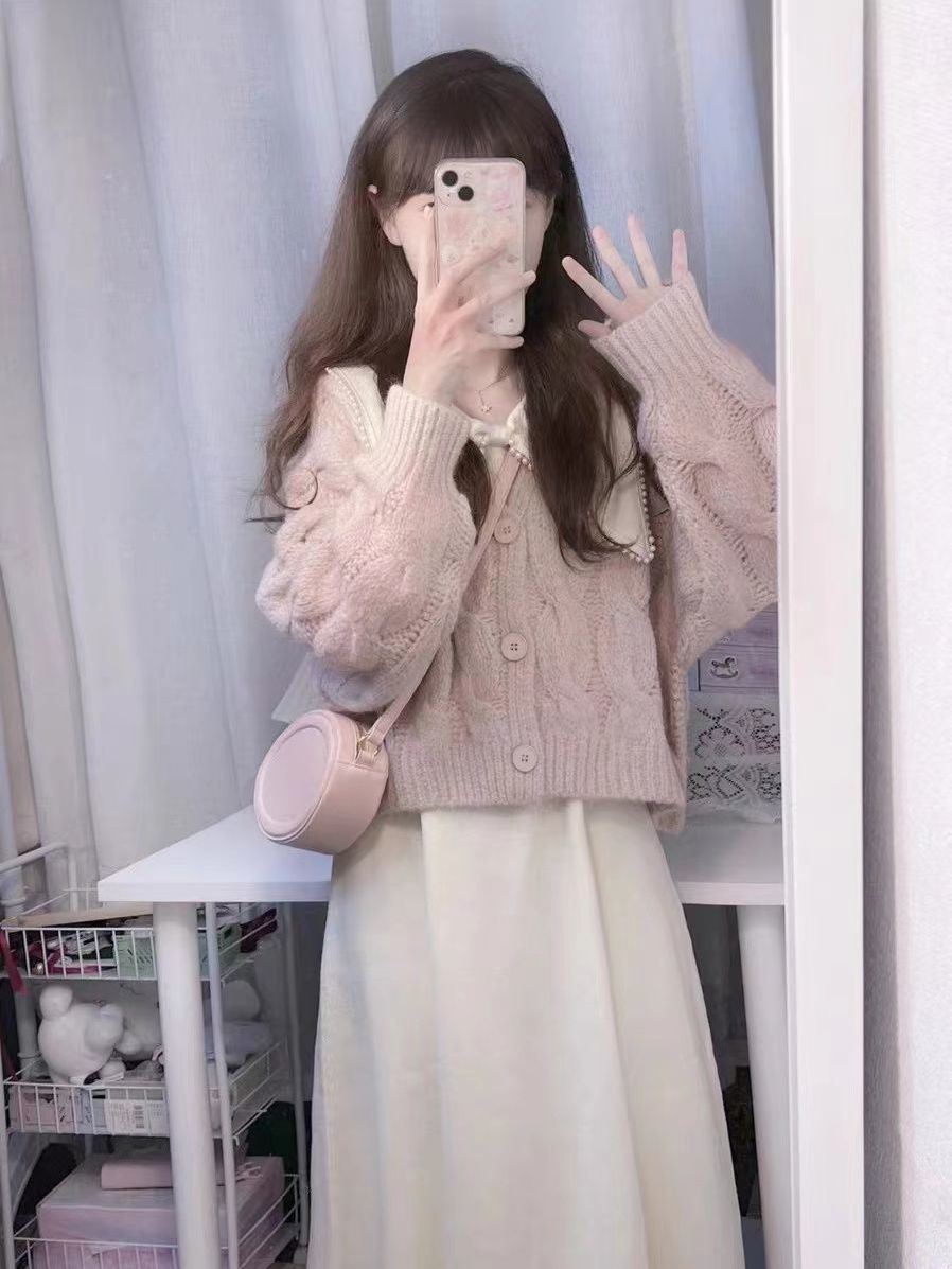 秋冬溫柔小香風名媛小個子甜美洋氣娃娃領毛衣針織連衣裙兩件套裝