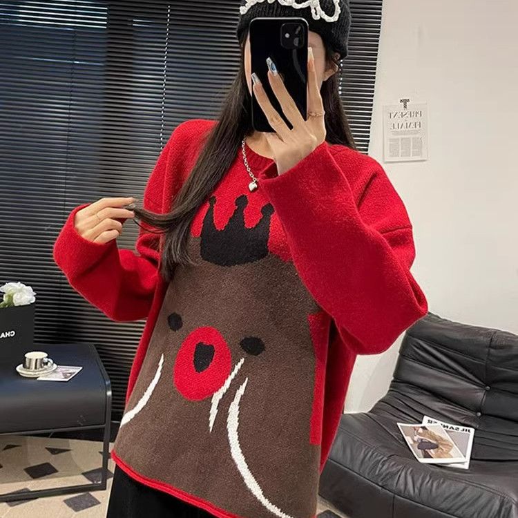 2023秋冬季韓系甜美減齡紅色卡通小熊軟糯毛衣女中長款寬鬆慵懶風