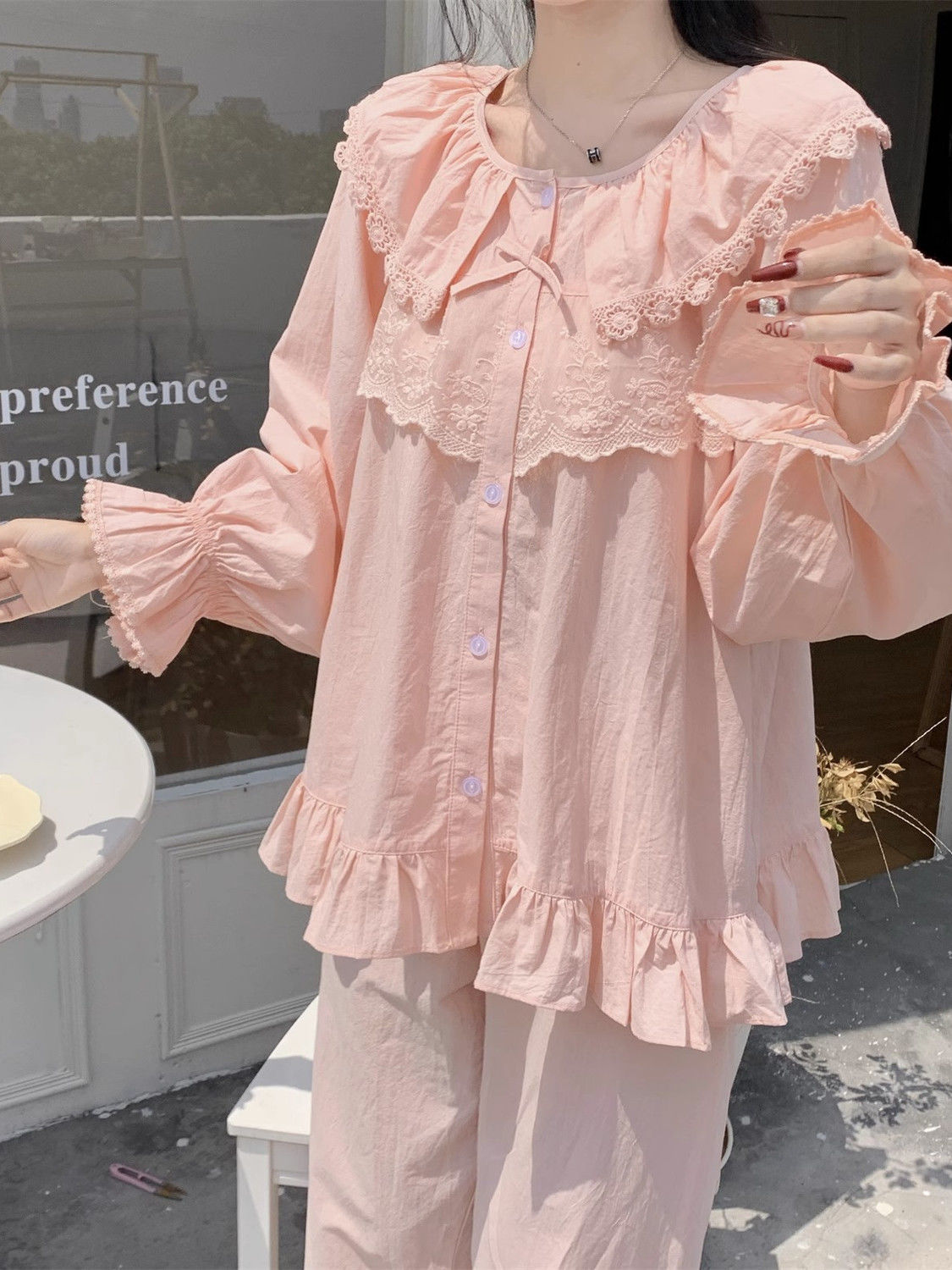 荷叶边睡衣女秋季2023新款甜美简约纯色蕾丝边薄款长袖家居服套装