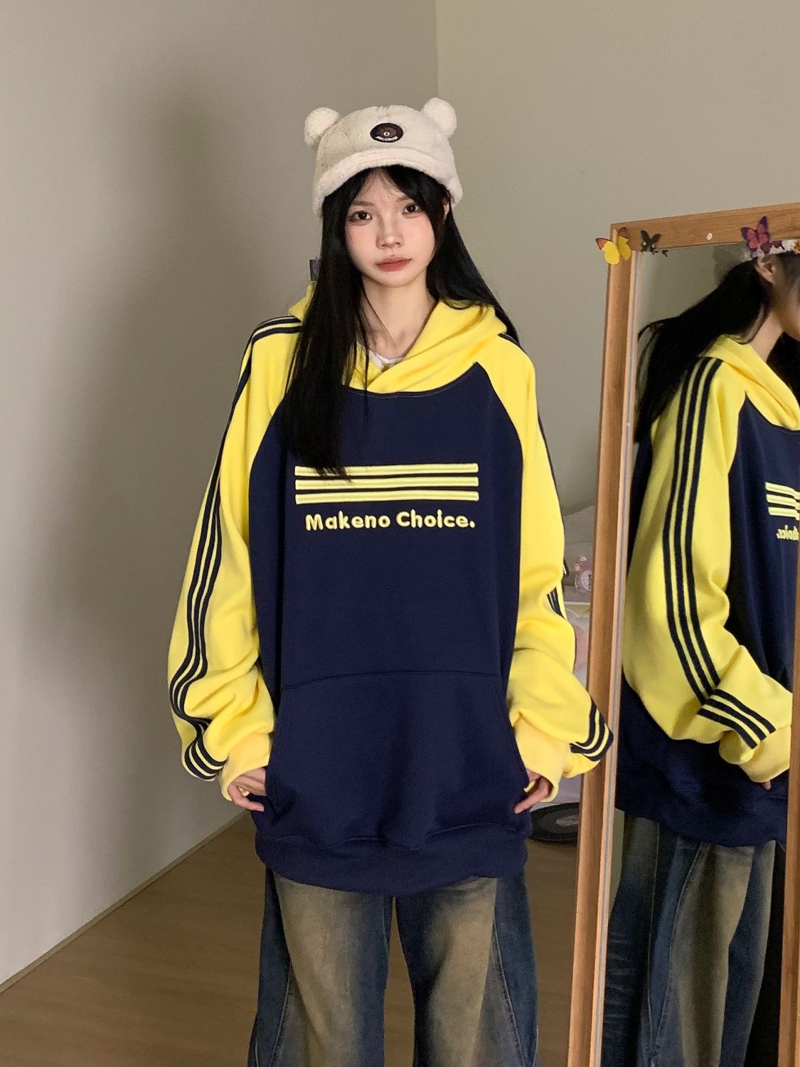 黎幫主 國潮美式撞色插肩袖連帽衛衣女秋冬加絨寬鬆刺繡帽衫ins潮
