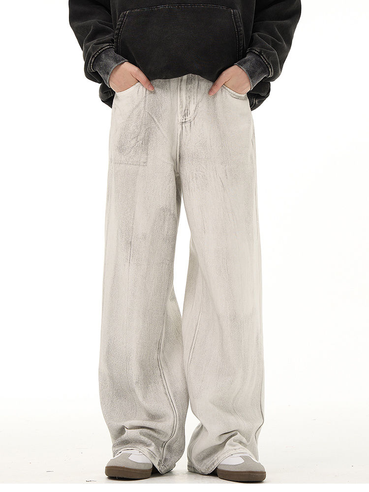 韩版新款水洗做旧垂感牛仔裤男美式复古高级设计感dirtyfit拖地裤