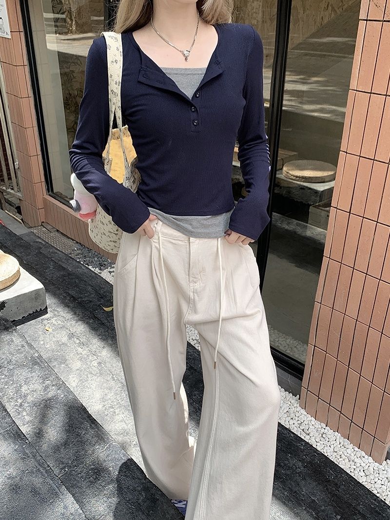 美式甜辣假兩件2023新款初秋純欲拼接氣質薄款長袖T恤上衣女秋季