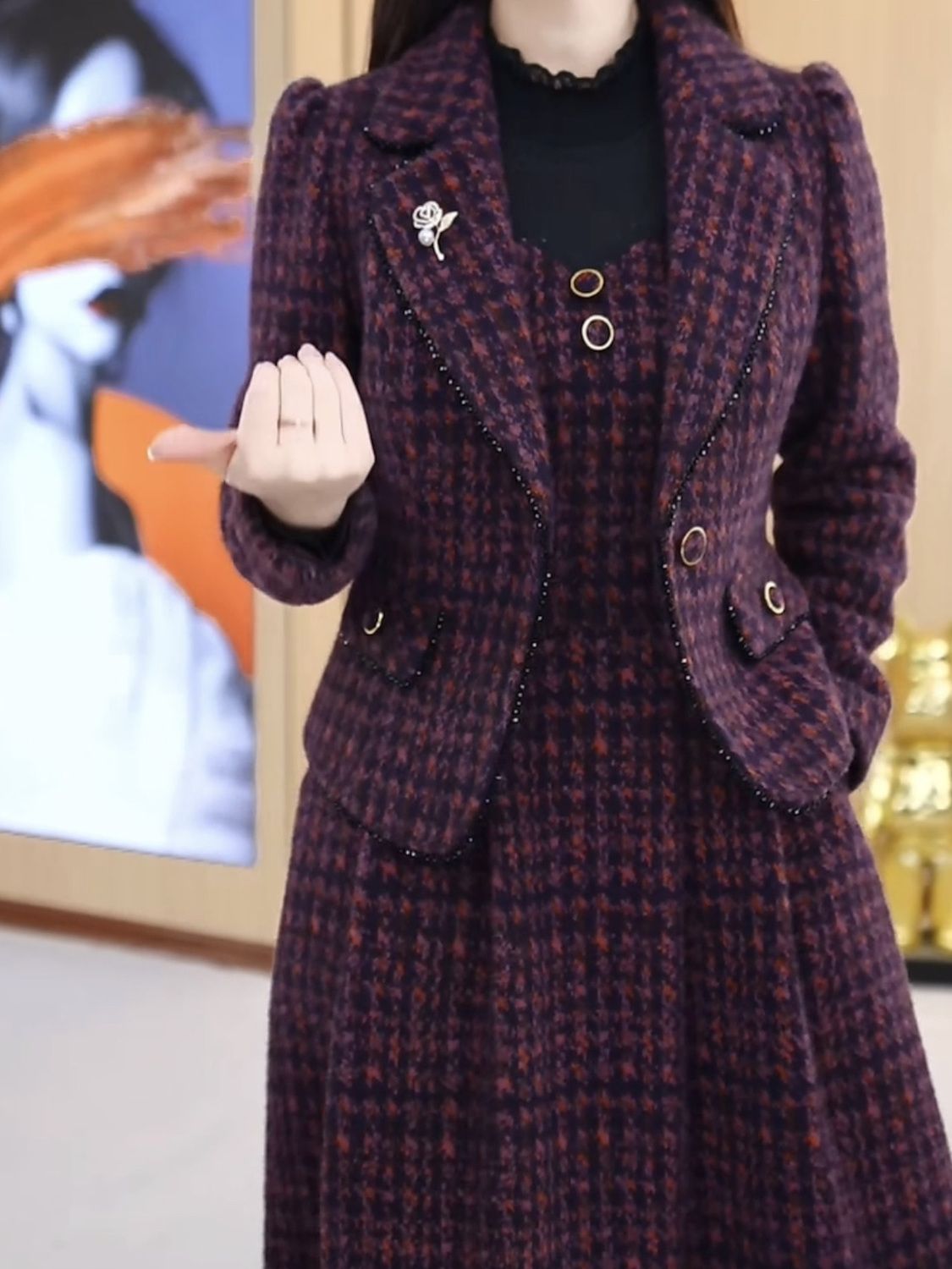 貴妃絨兩件套2023秋新款女裝小香風優雅時尚裙套裝蕾絲拼接兩件套