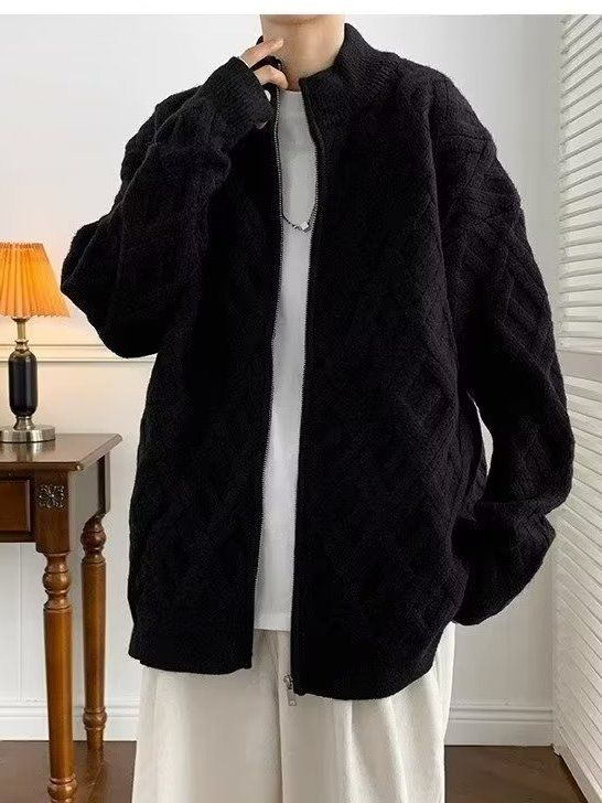 Round neck zippered cardigan for men's spring and autumn simple casual knit jacket loose versatile solid color sweater_voghion.com