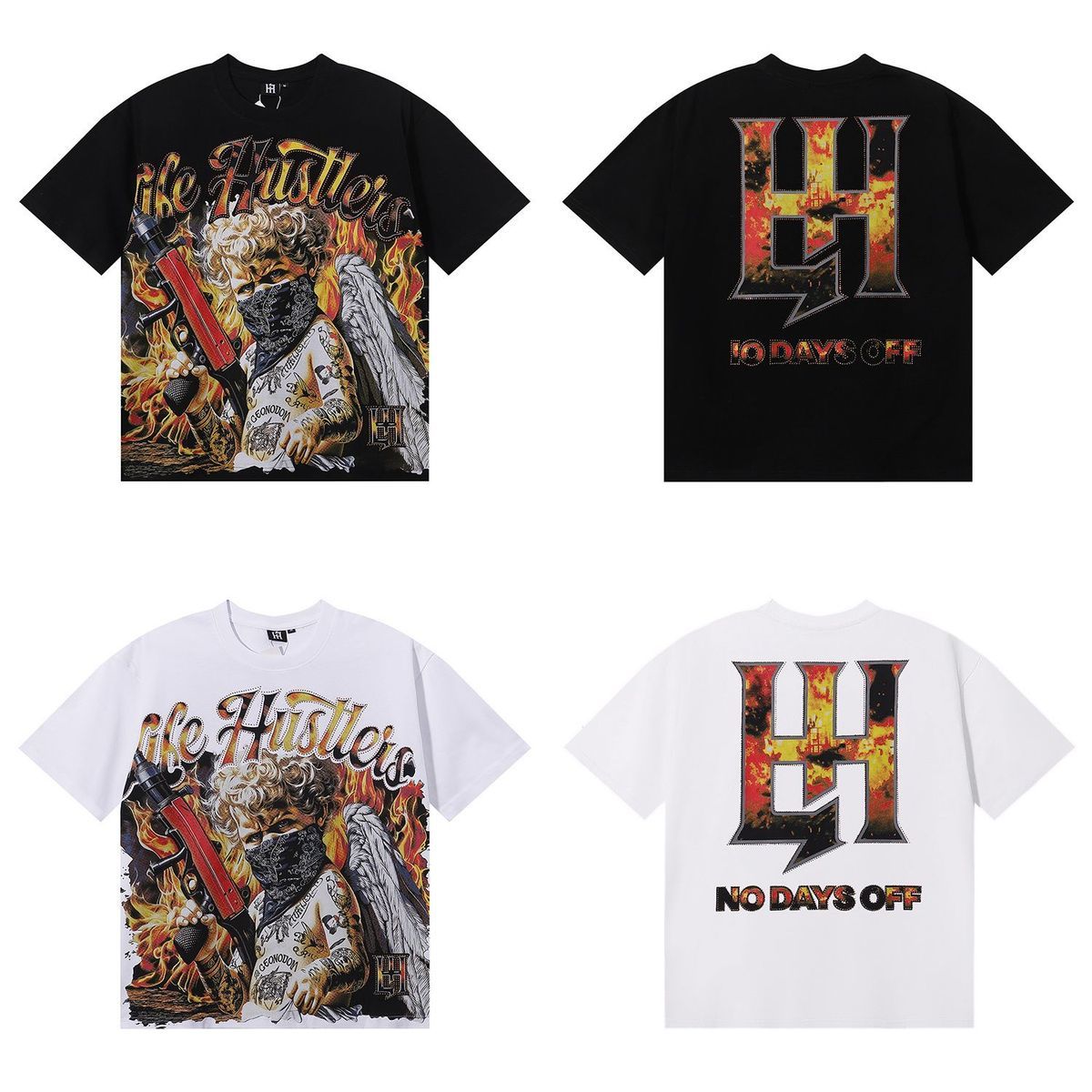 Meichao Life Hustlers Masked Tattoo Angel Gun Print Rhinestone High Street Loose Fit Unisex Short Sleeve T-Shirt_viptrois.com