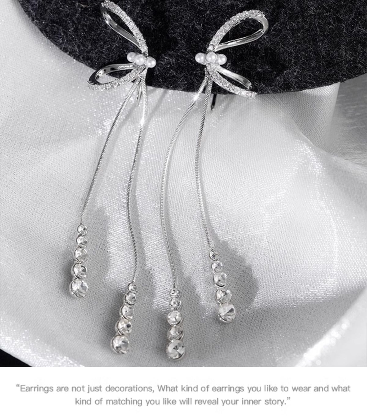 Long Bridal Drop Earrings With French Bow And Silver Tassels_voghion.com