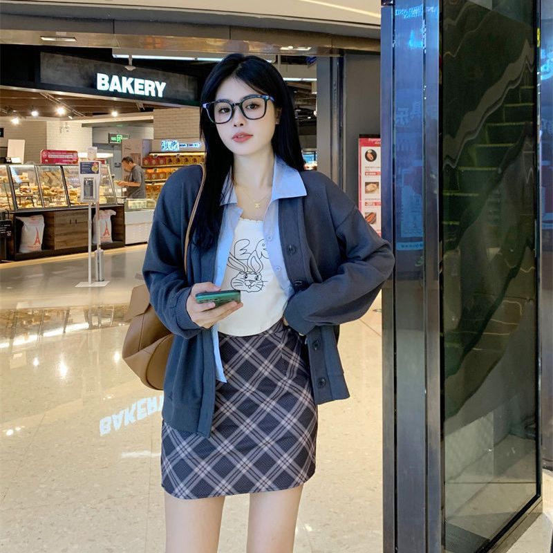 大碼秋季新款韓版休閒遮肉假兩件寬鬆外套格紋半身裙兩件套裝女