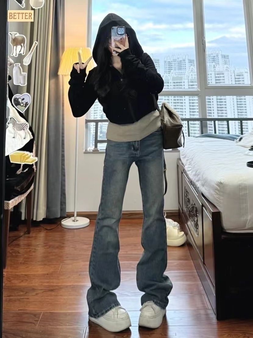 美式高街辣妹復古微喇叭牛仔褲女秋冬新款高腰修身顯瘦彈力馬蹄褲