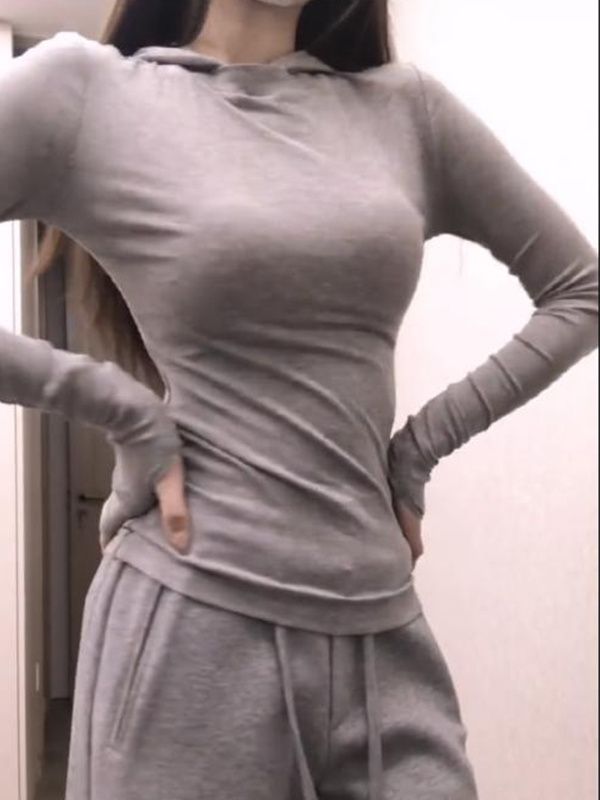 法式灰色長袖連帽T恤女秋冬德絨內搭修身顯瘦休閒百搭打底衫上衣