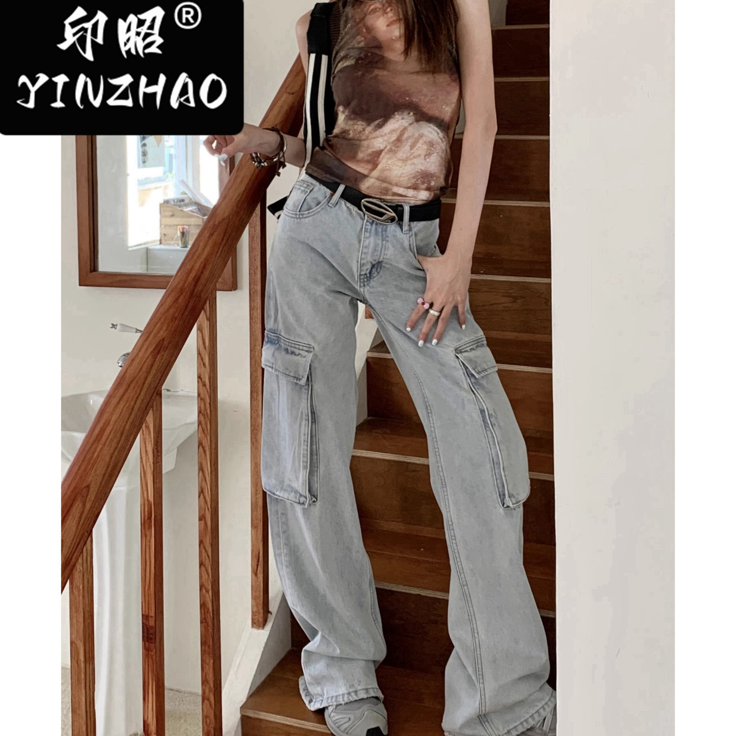 【印昭YINZHAO】秋季寬鬆直筒復古美式淺色牛仔工裝褲女闊腿拖地