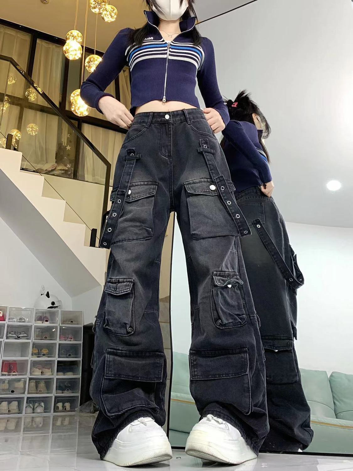 美式高街多口袋工裝牛仔褲女秋冬綁帶設計感寬鬆顯瘦闊腿拖地褲潮