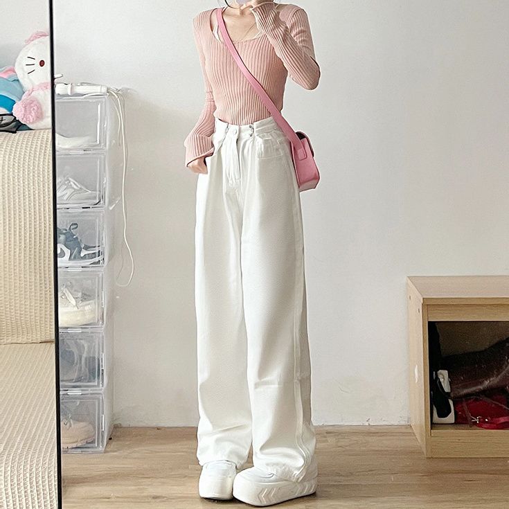 美式高街設計感牛仔褲女秋季新款韓版高腰顯瘦直筒休閒寬鬆闊腿褲