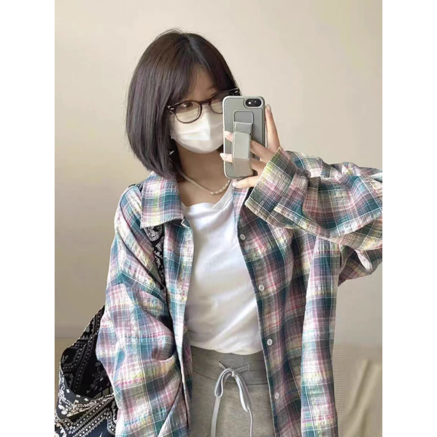 國潮牌日系復古肌理感格子長袖襯衫女早秋季寬鬆小眾洋氣減齡上衣