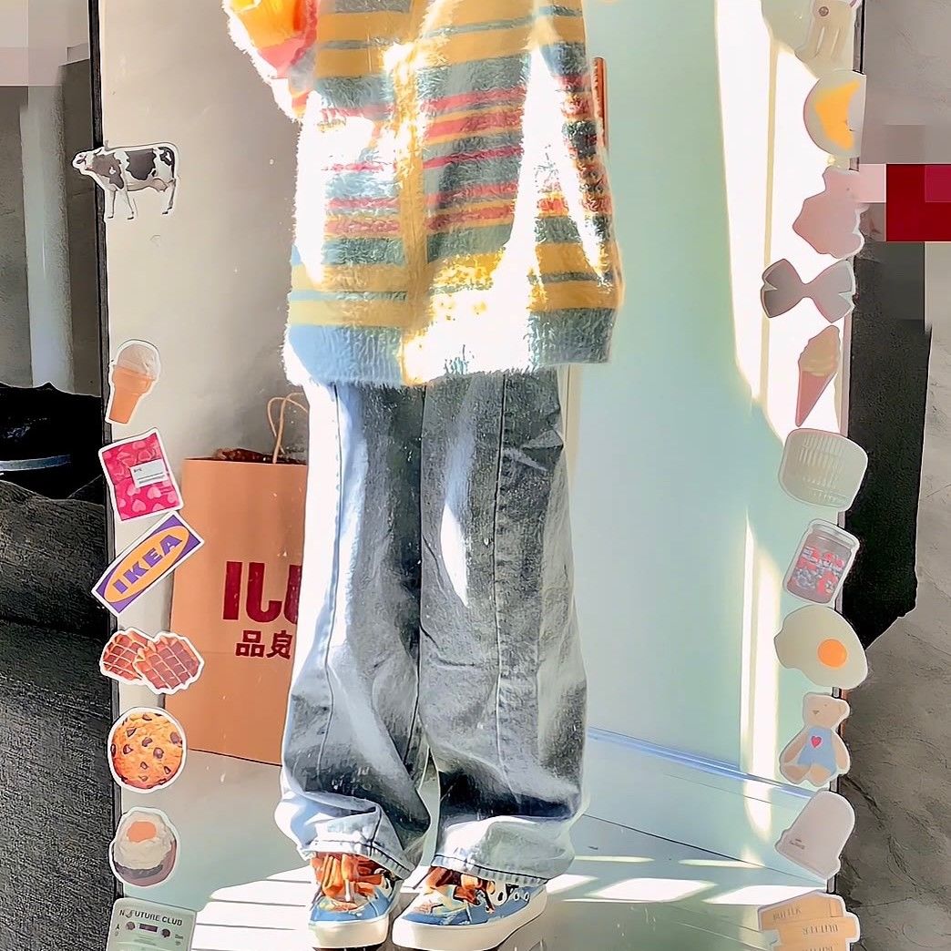 美式高街復古設計感高腰牛仔褲女新款ins寬鬆顯瘦闊腿拖地長褲潮
