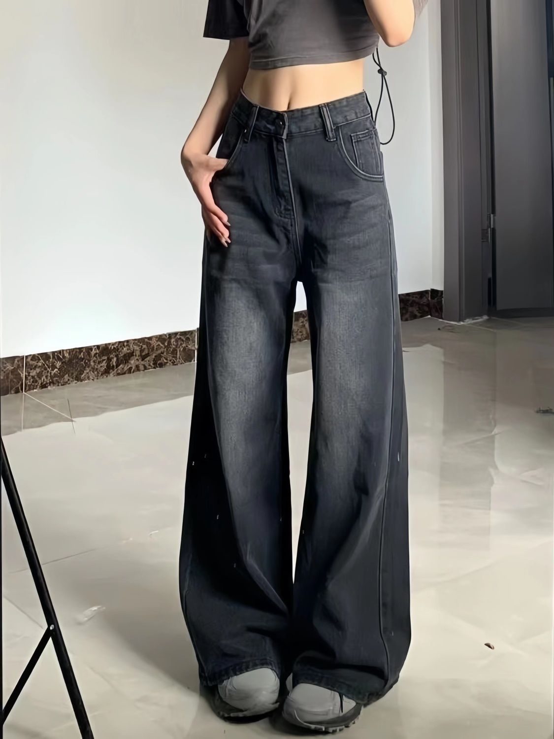 復古高街闊腿牛仔褲女秋季新款高腰寬鬆顯瘦垂感直筒百搭拖地長褲