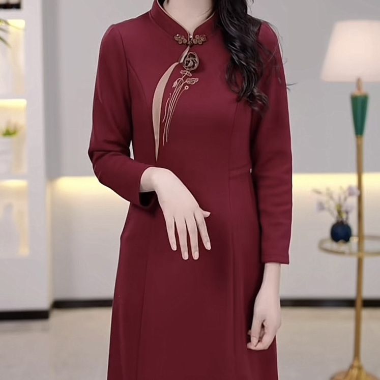 高端帛萊精紡改良版旗袍連衣裙2023秋冬新款女裝刺繡國風禮服裙子