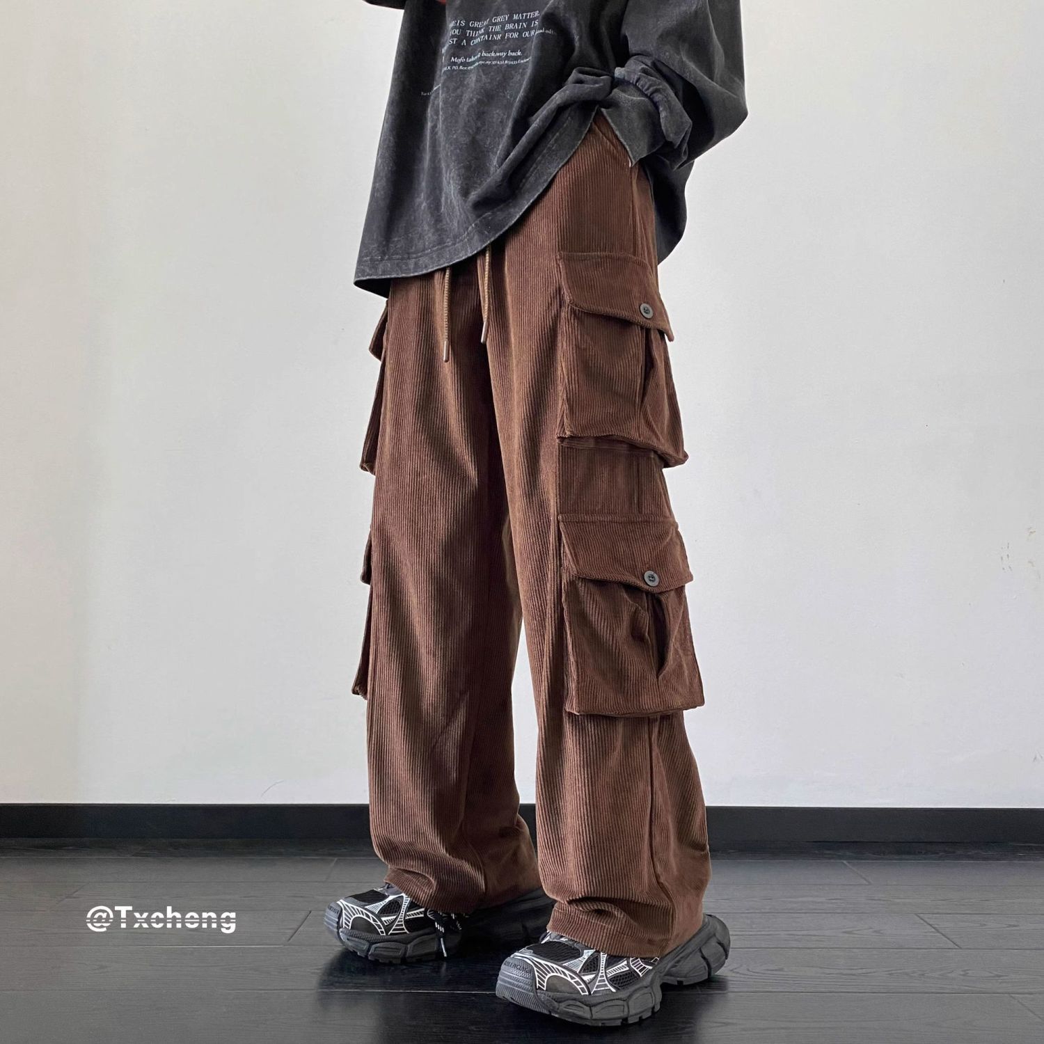 灯芯绒裤子男秋季美式高街vibe风工装裤多口袋设计感阔腿休闲长裤