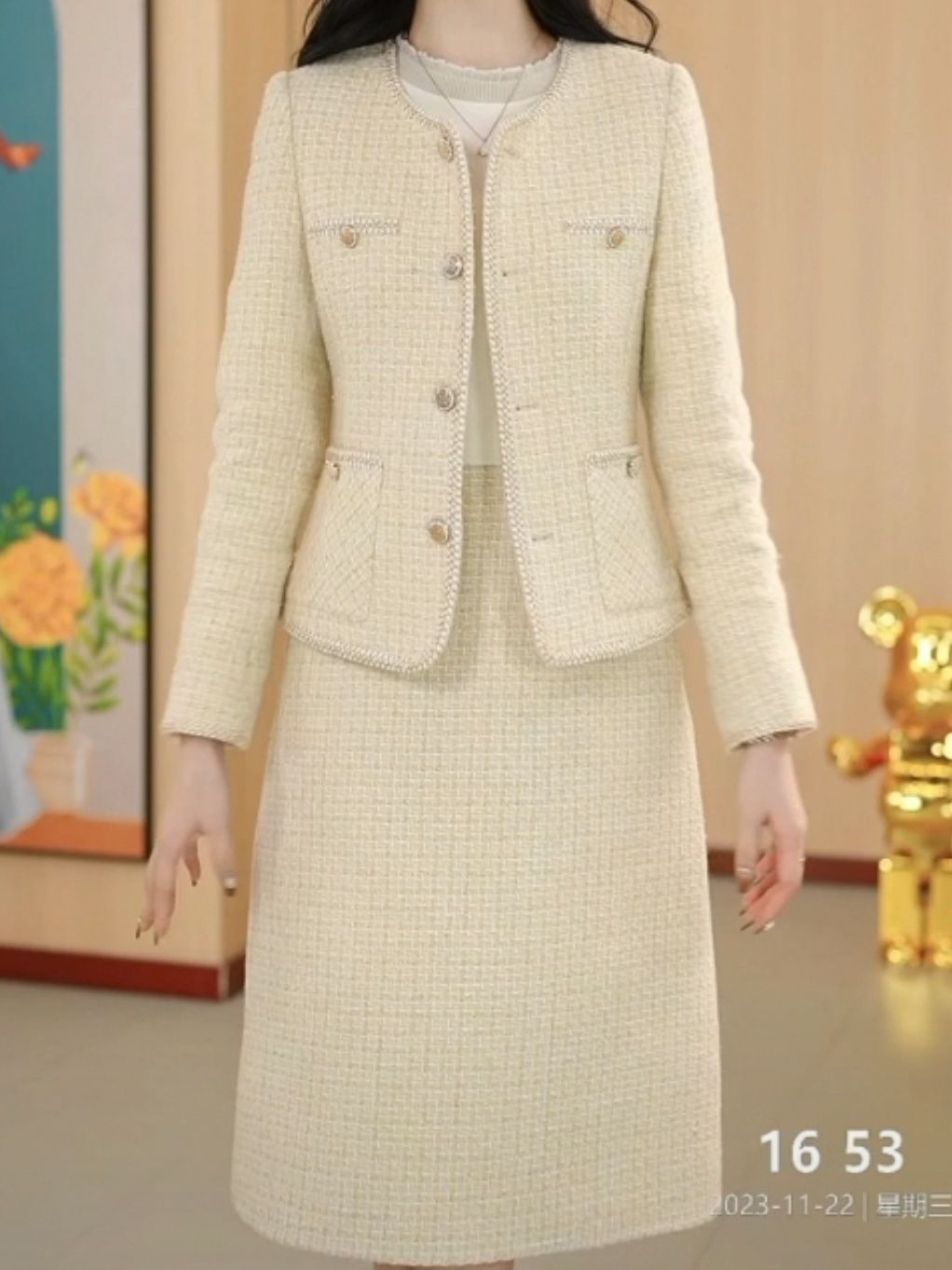高檔時尚套裝小香風連衣裙兩件套2023秋冬款加厚淑女風羊毛短外套